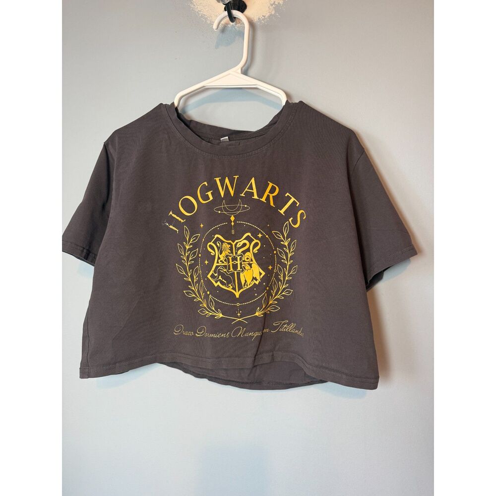 Harry Potter Hogwarts Crest Cropped Graphic Tee – Charcoal Grey, Size XL